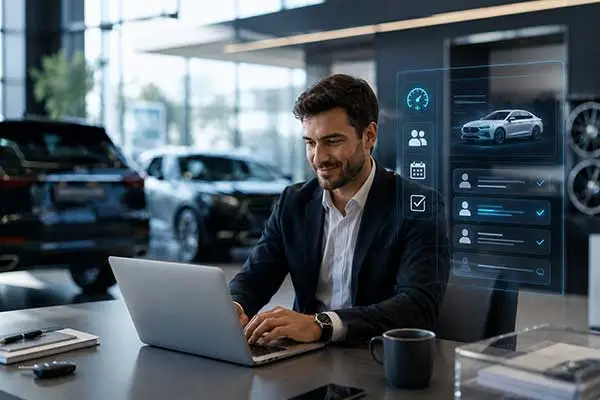 Sales professional working at a laptop with an AI lead dashboard overlay